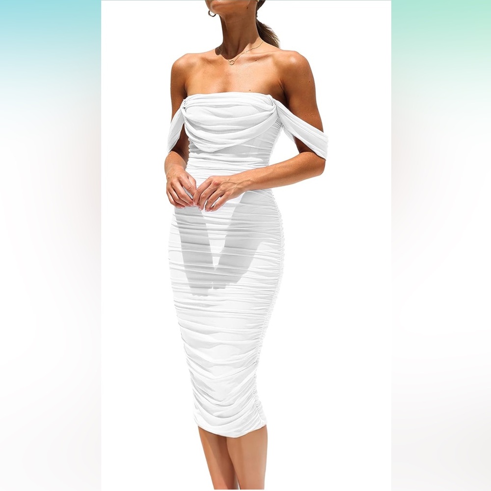 White strapless, off the shoulder ruched midi dress, cowl neck